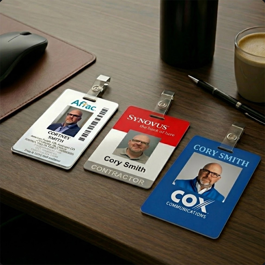 Cory Smith contractor badges — Aflac, Synovus, Cox Communications
