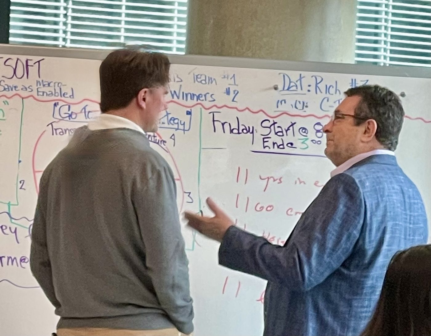 A senior operator working through a strategic decision at a whiteboard with an executive