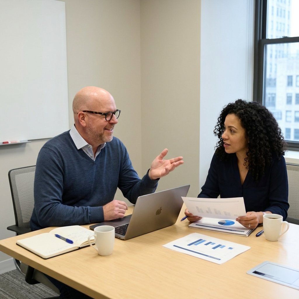 Two leaders mid-conversation in a small office, materials between them