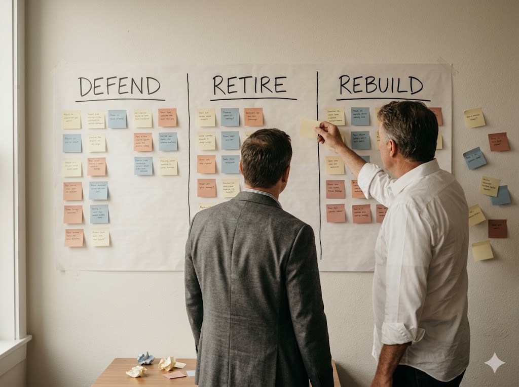 Two senior leaders evaluating Defend, Retire, and Rebuild columns on a working wall during an OBSOLESCENCE session