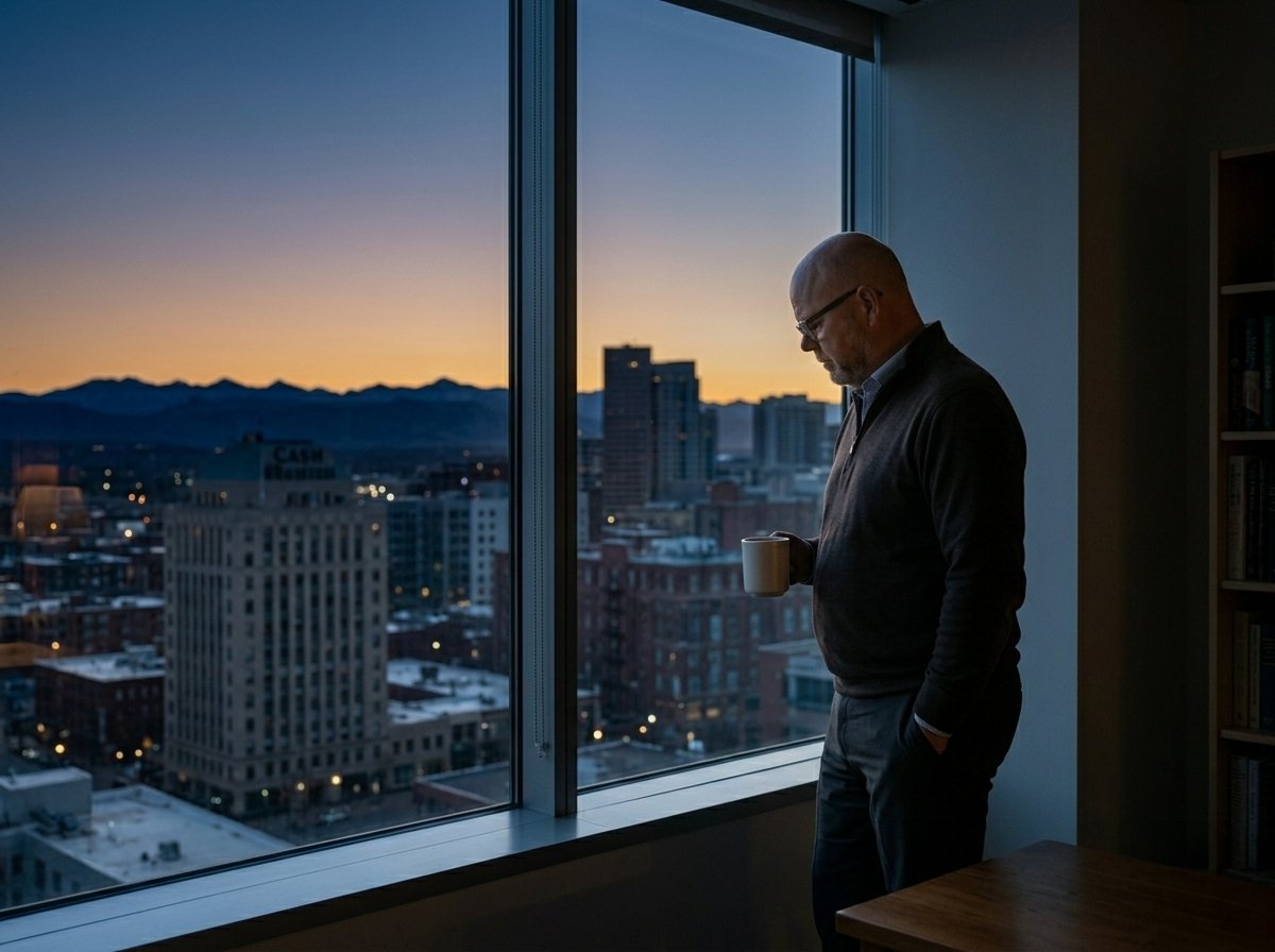 Cory at a high-rise window at blue hour overlooking downtown Denver and the Front Range, holding a coffee mug